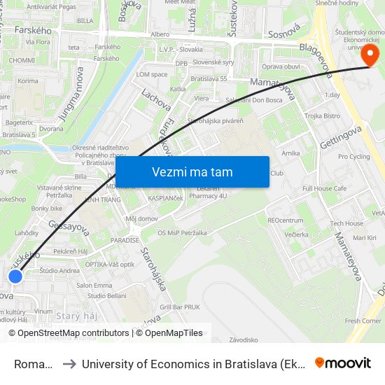 Romanova (X) to University of Economics in Bratislava (Ekonomická univerzita v Bratislave) map