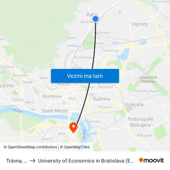 Trávna, Drevona to University of Economics in Bratislava (Ekonomická univerzita v Bratislave) map