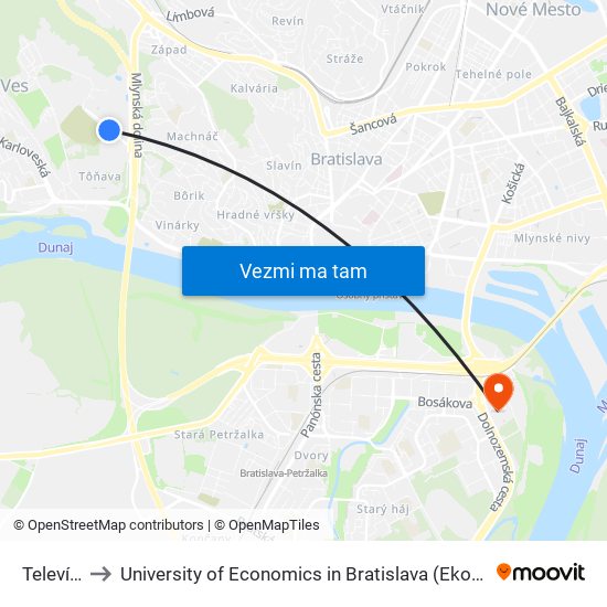 Televízia (X) to University of Economics in Bratislava (Ekonomická univerzita v Bratislave) map
