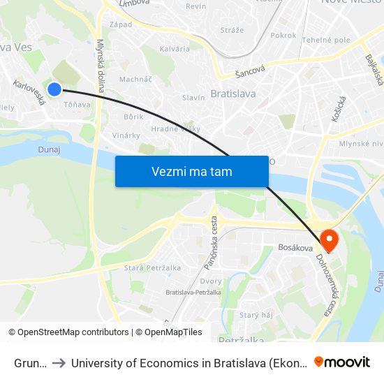 Grunty (X) to University of Economics in Bratislava (Ekonomická univerzita v Bratislave) map