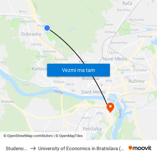 Studenohorská (X) to University of Economics in Bratislava (Ekonomická univerzita v Bratislave) map