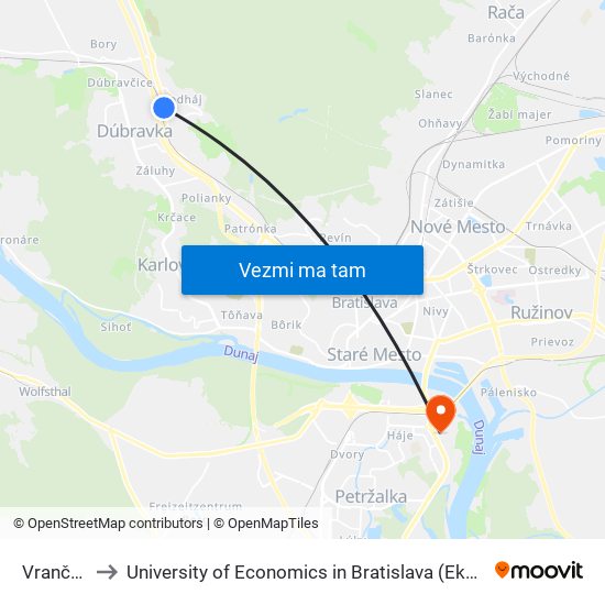 Vrančovičova to University of Economics in Bratislava (Ekonomická univerzita v Bratislave) map