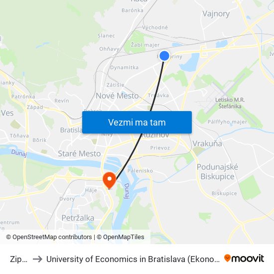 Zipp (X) to University of Economics in Bratislava (Ekonomická univerzita v Bratislave) map