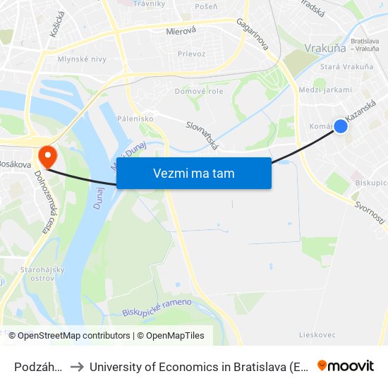 Podzáhradná (X) to University of Economics in Bratislava (Ekonomická univerzita v Bratislave) map