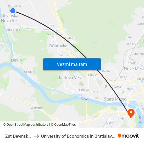 Žst Devínska Nová Ves (X) to University of Economics in Bratislava (Ekonomická univerzita v Bratislave) map