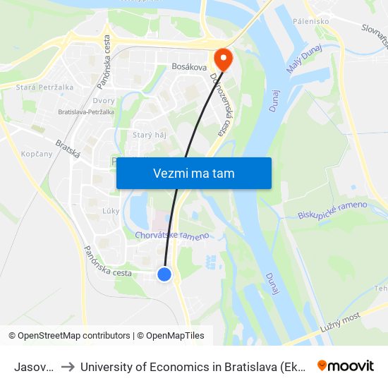 Jasovská (X) to University of Economics in Bratislava (Ekonomická univerzita v Bratislave) map