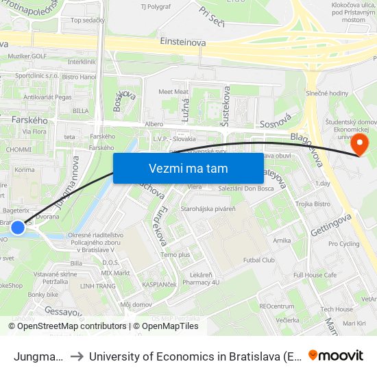 Jungmannova (X) to University of Economics in Bratislava (Ekonomická univerzita v Bratislave) map