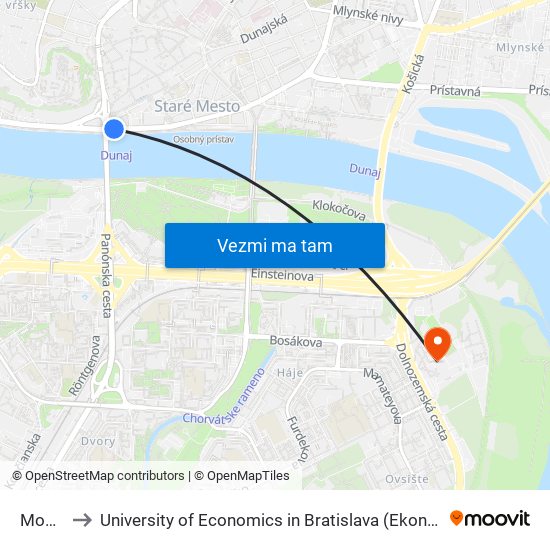 Most Snp to University of Economics in Bratislava (Ekonomická univerzita v Bratislave) map