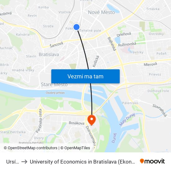 Ursínyho to University of Economics in Bratislava (Ekonomická univerzita v Bratislave) map