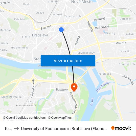 Krížna to University of Economics in Bratislava (Ekonomická univerzita v Bratislave) map