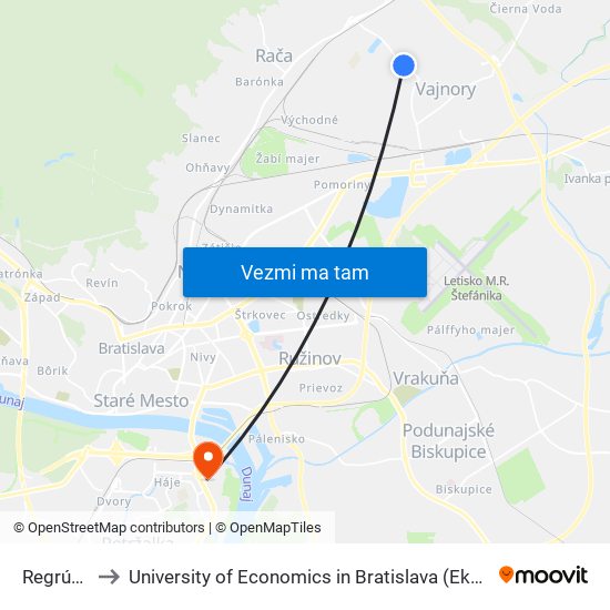 Regrútska (X) to University of Economics in Bratislava (Ekonomická univerzita v Bratislave) map