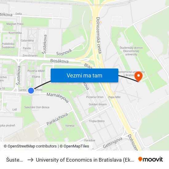 Šustekova (X) to University of Economics in Bratislava (Ekonomická univerzita v Bratislave) map