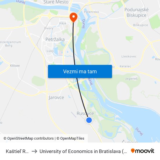 Kaštieľ Rusovce (X) to University of Economics in Bratislava (Ekonomická univerzita v Bratislave) map