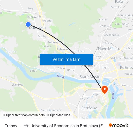 Tranovského (X) to University of Economics in Bratislava (Ekonomická univerzita v Bratislave) map