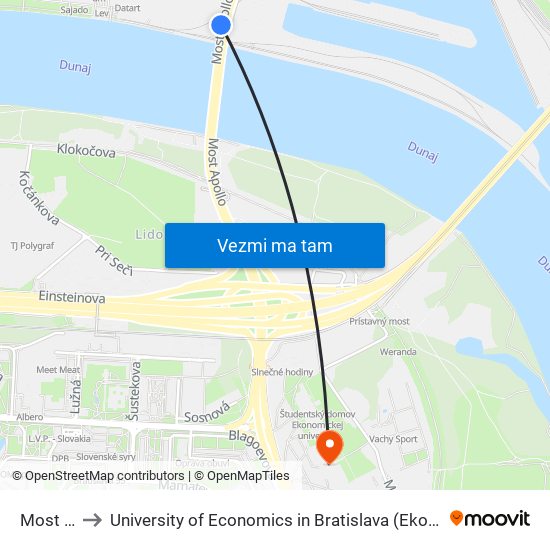 Most Apollo to University of Economics in Bratislava (Ekonomická univerzita v Bratislave) map