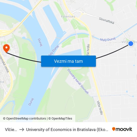 Vlčie Hrdlo to University of Economics in Bratislava (Ekonomická univerzita v Bratislave) map