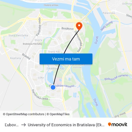 Ľubovnianska to University of Economics in Bratislava (Ekonomická univerzita v Bratislave) map