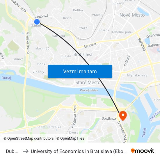 Dubová (X) to University of Economics in Bratislava (Ekonomická univerzita v Bratislave) map