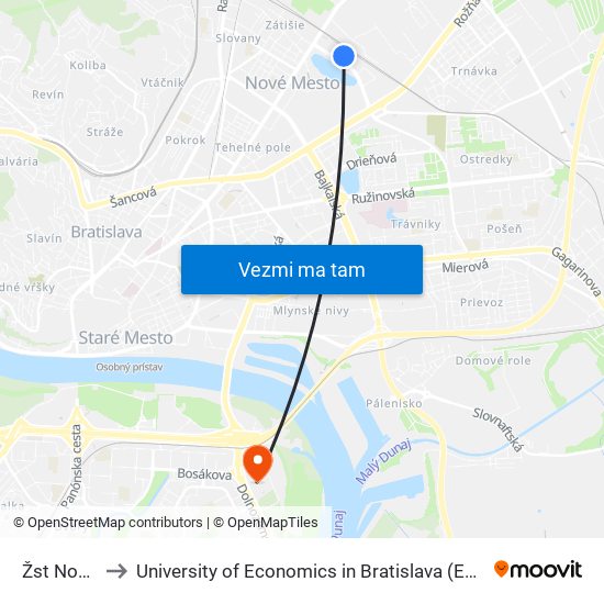 Žst Nové Mesto to University of Economics in Bratislava (Ekonomická univerzita v Bratislave) map