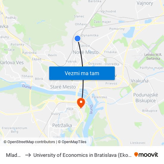 Mladá Garda to University of Economics in Bratislava (Ekonomická univerzita v Bratislave) map