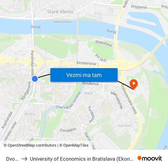 Dvory (X) to University of Economics in Bratislava (Ekonomická univerzita v Bratislave) map