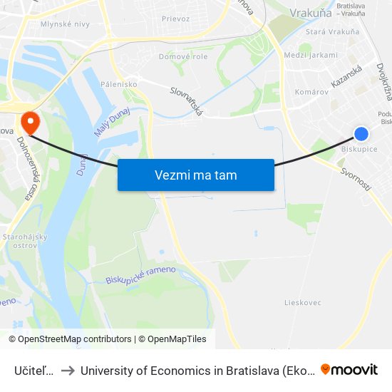 Učiteľská (X) to University of Economics in Bratislava (Ekonomická univerzita v Bratislave) map