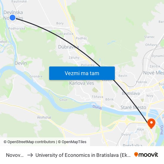 Novoveská (X) to University of Economics in Bratislava (Ekonomická univerzita v Bratislave) map