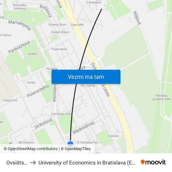Ovsištské Nám. to University of Economics in Bratislava (Ekonomická univerzita v Bratislave) map