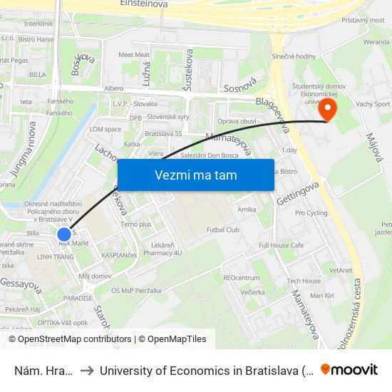 Nám. Hraničiarov (X) to University of Economics in Bratislava (Ekonomická univerzita v Bratislave) map