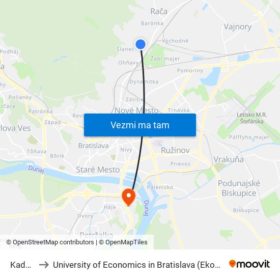 Kadnárova to University of Economics in Bratislava (Ekonomická univerzita v Bratislave) map
