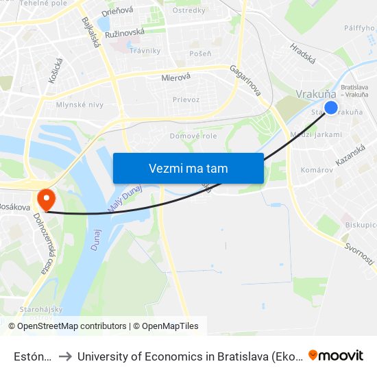 Estónska (X) to University of Economics in Bratislava (Ekonomická univerzita v Bratislave) map