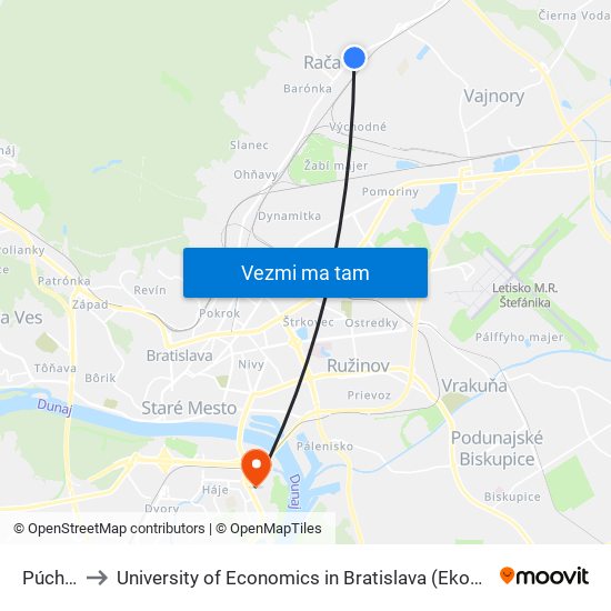 Púchovská to University of Economics in Bratislava (Ekonomická univerzita v Bratislave) map