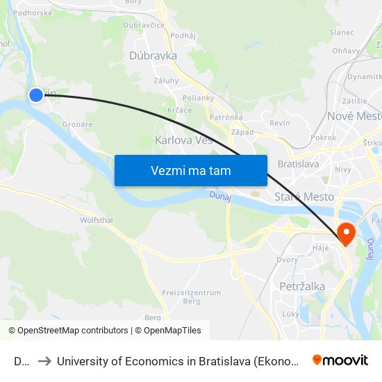 Devín to University of Economics in Bratislava (Ekonomická univerzita v Bratislave) map