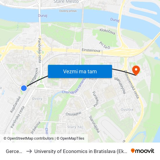 Gercenova (X) to University of Economics in Bratislava (Ekonomická univerzita v Bratislave) map