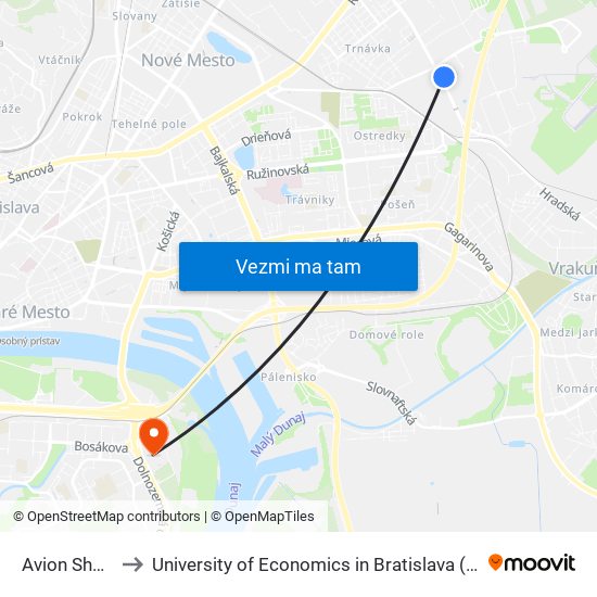 Avion Shopping Park to University of Economics in Bratislava (Ekonomická univerzita v Bratislave) map