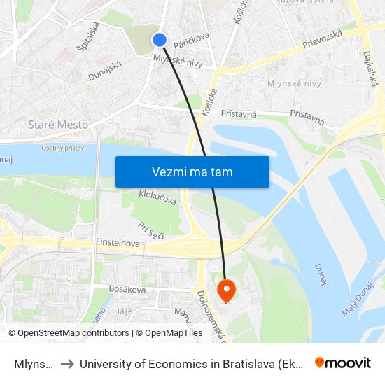 Mlynské Nivy to University of Economics in Bratislava (Ekonomická univerzita v Bratislave) map