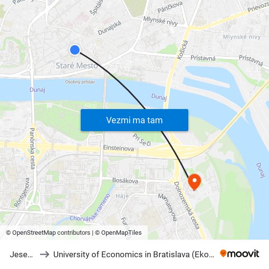 Jesenského to University of Economics in Bratislava (Ekonomická univerzita v Bratislave) map