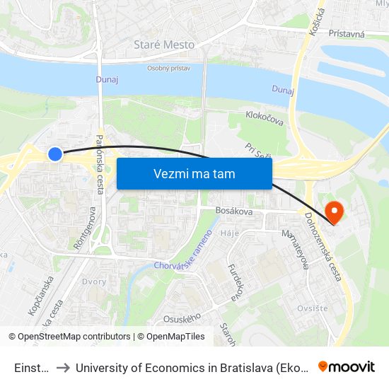 Einsteinova to University of Economics in Bratislava (Ekonomická univerzita v Bratislave) map