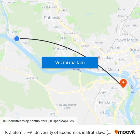 K Zlatému Rohu (X) to University of Economics in Bratislava (Ekonomická univerzita v Bratislave) map