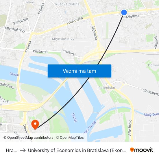 Hraničná to University of Economics in Bratislava (Ekonomická univerzita v Bratislave) map