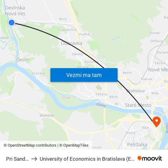 Pri Sandbergu (X) to University of Economics in Bratislava (Ekonomická univerzita v Bratislave) map