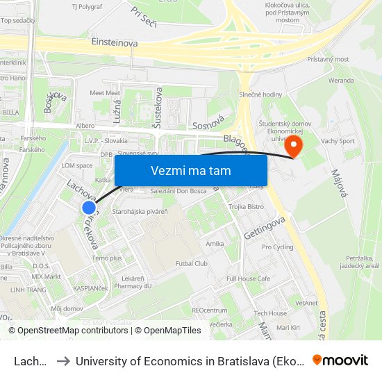 Lachova (X) to University of Economics in Bratislava (Ekonomická univerzita v Bratislave) map
