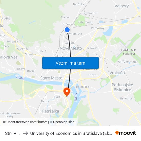 Stn. Vinohrady to University of Economics in Bratislava (Ekonomická univerzita v Bratislave) map
