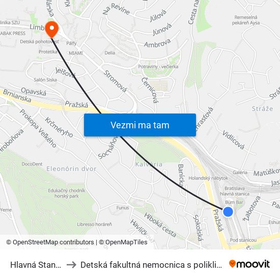 Hlavná Stanica to Detská fakultná nemocnica s poliklinikou map