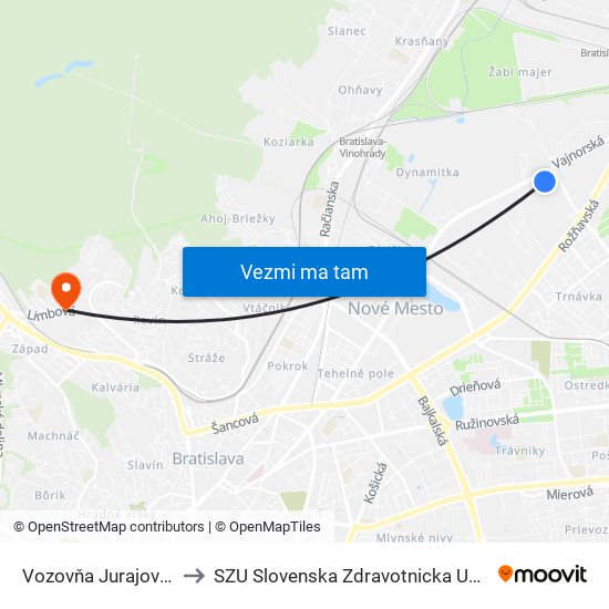 Vozovňa Jurajov Dvor to SZU Slovenska Zdravotnicka Univerzita map