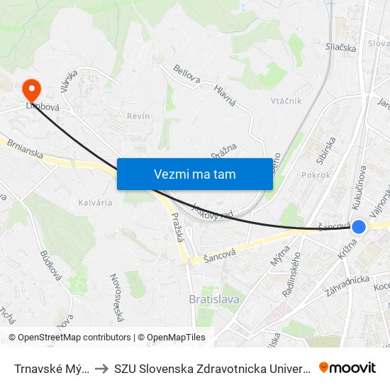 Trnavské Mýto to SZU Slovenska Zdravotnicka Univerzita map