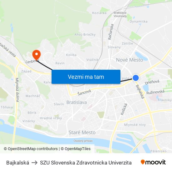 Bajkalská to SZU Slovenska Zdravotnicka Univerzita map