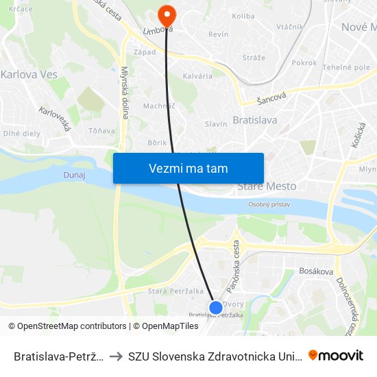 Bratislava-Petržalka to SZU Slovenska Zdravotnicka Univerzita map