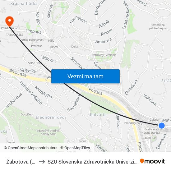 Žabotova (X) to SZU Slovenska Zdravotnicka Univerzita map
