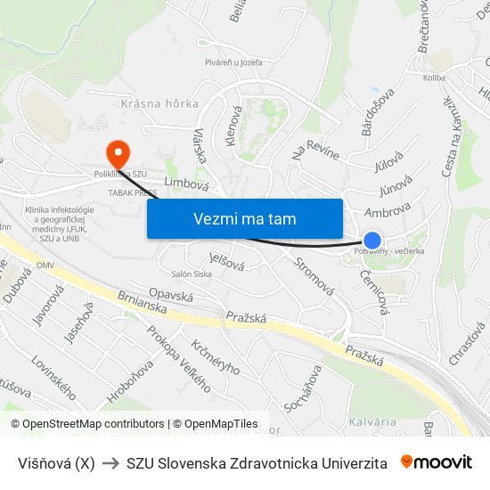 Višňová (X) to SZU Slovenska Zdravotnicka Univerzita map